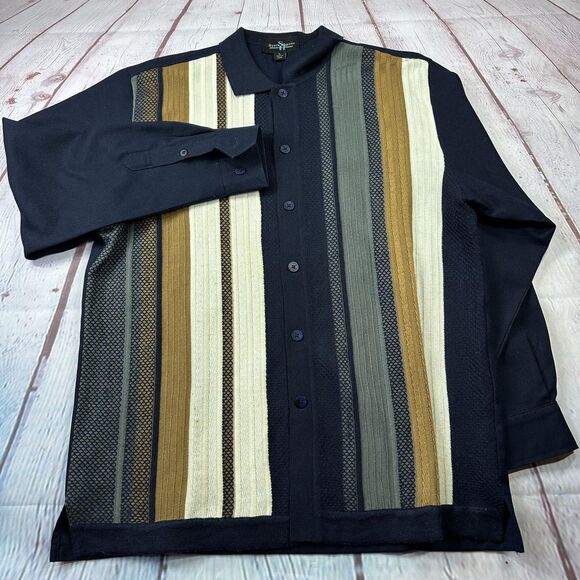 Steve Harvey Celebrity Edition Shirt Mens Large Navy Knit Striped Button Front - Picture 2 of 9